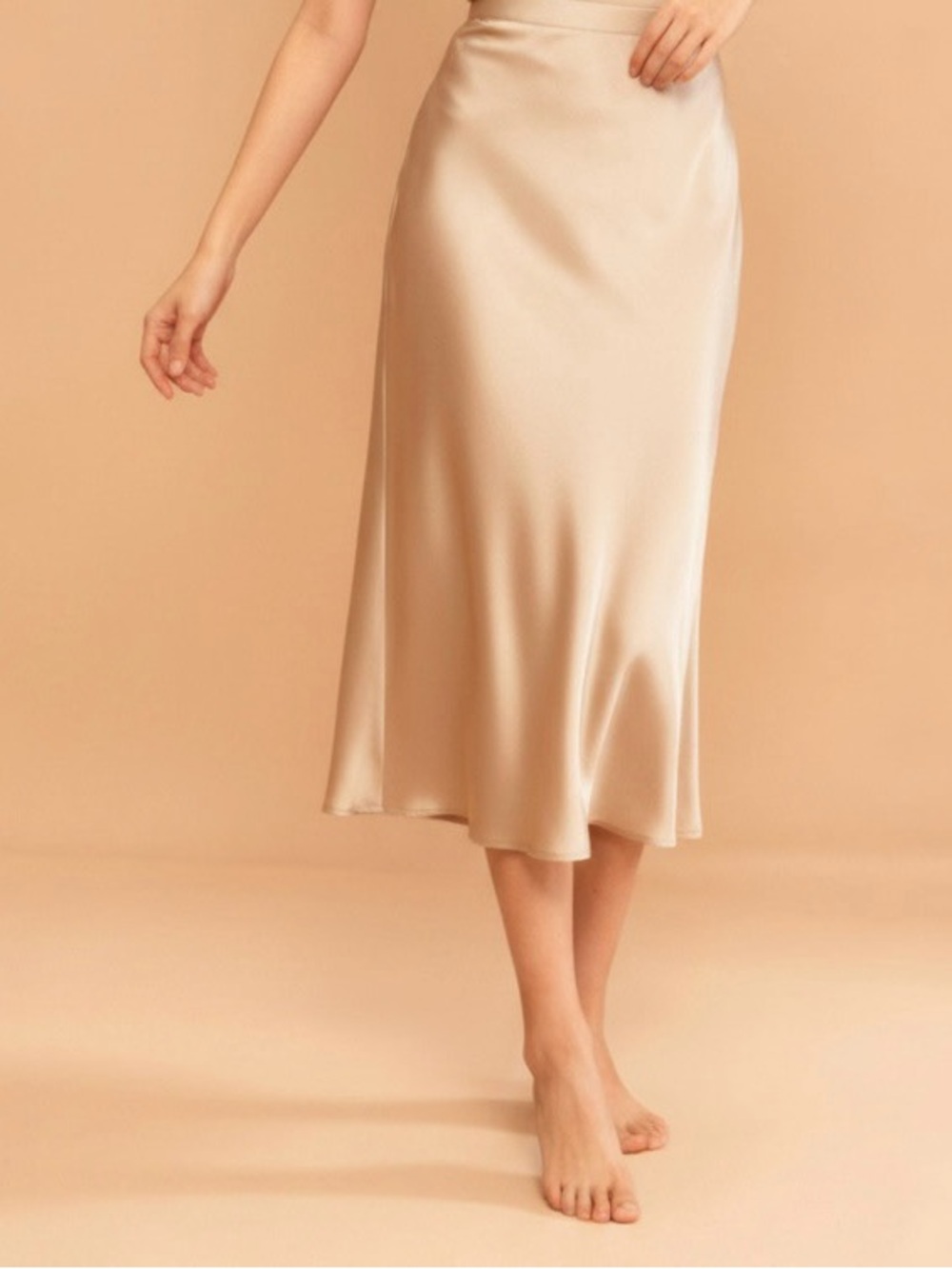 Satin Bias Midi Skirt in Champagne